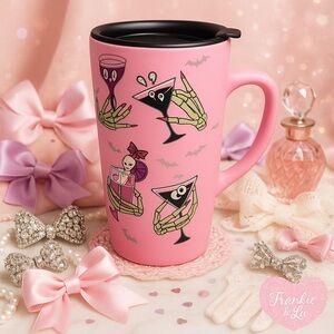 Pink Halloween Travel Mug w Handle & Lid Skeleton Martini Matte NWT
